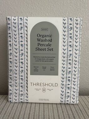 NWT Queen Organic Percale Printed Sheet Set Ivory Floral Stripe - Threshold